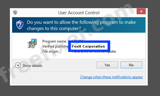 Screenshot where Foxit Corporation appears as the verified publisher in the UAC dialog